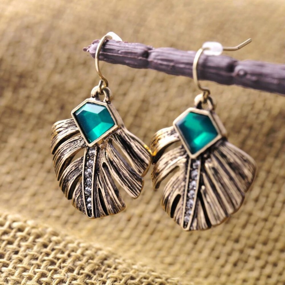 3x Boho Leaf Antique Gold CZ Earrings